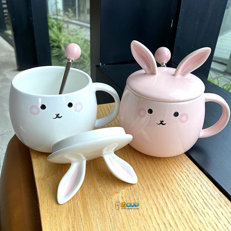 Ins girl heart mark cup with cover express little rabbit teaspoons of ceramic cup water cup of milk breakfast cup female students