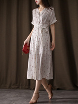 Qingli temperament print stretch double Joe Silk V collar exquisite bag buckle print polo dot long dress