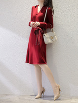 Upper body very foreign ~ small chic shiny small loose POLO-V collar cashmere wool knitted dress women