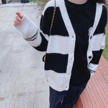 South Korean boy dress male and female striped wool cardiovert 2021 autumn winter new CUHK childrens Korean version of sweater jacket