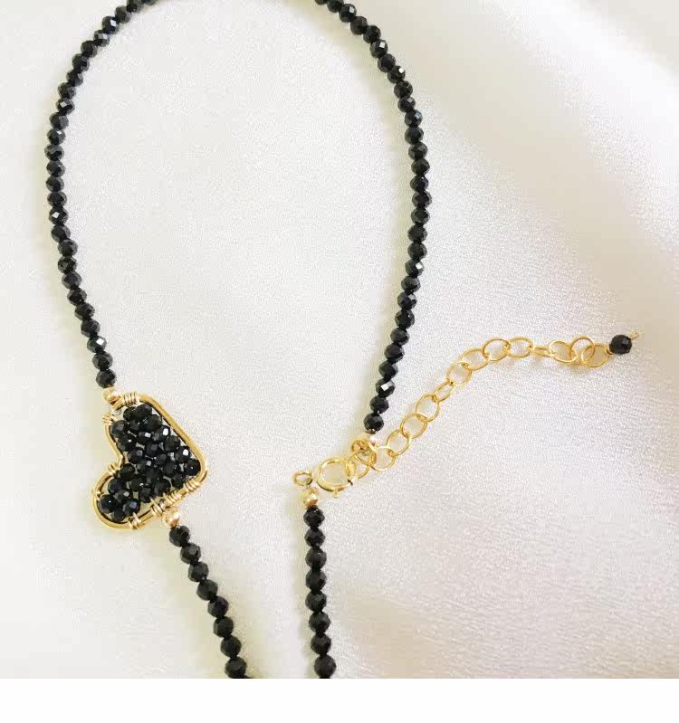 love me 14k注金黑尖晶石choker爱心项链锁骨链项圈 925纯银 女