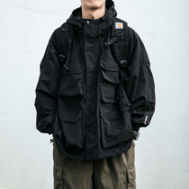 Japanese retro spring and autumn pocket outdoor waterproof coat men tide loose hood jacket casual coat