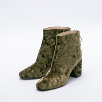 West Lake Pavilion (S) winter shoes square head gold velvet ring buckle zipper thick high heel boots H109