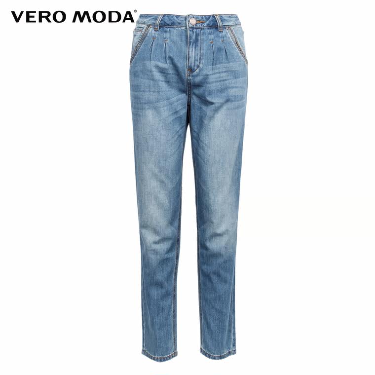 5折Vero Moda捏褶设计水洗磨白宽松牛仔裤|315232006