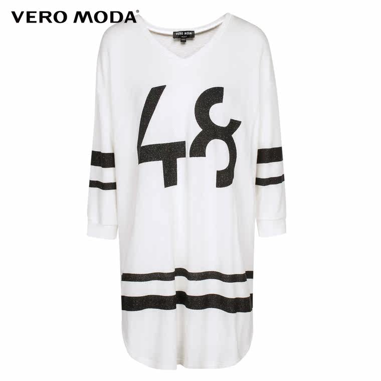 Vero Moda超弹针织面料V领七分袖运动字母印花长款T恤|315330020