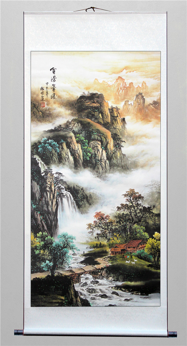 大幅山水画 山高水长 源远流长 旭日东升国画字画风水画 六尺卷轴