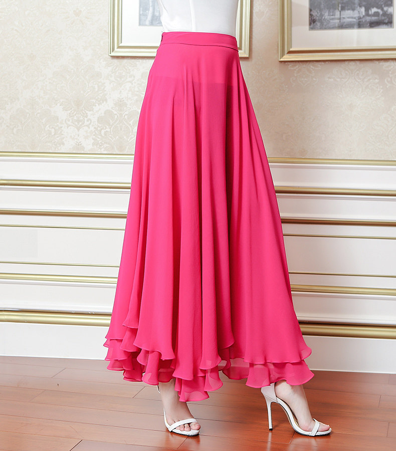 voa真丝7米双层横丝映山红中腰整圆型超大波浪摆半身蛋糕裙