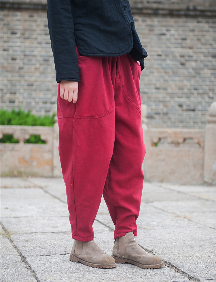 秋冬原创棉麻加厚夹棉哈伦裤宽松两穿棉裤棉衣大码复古女装鸡腿裤_7折