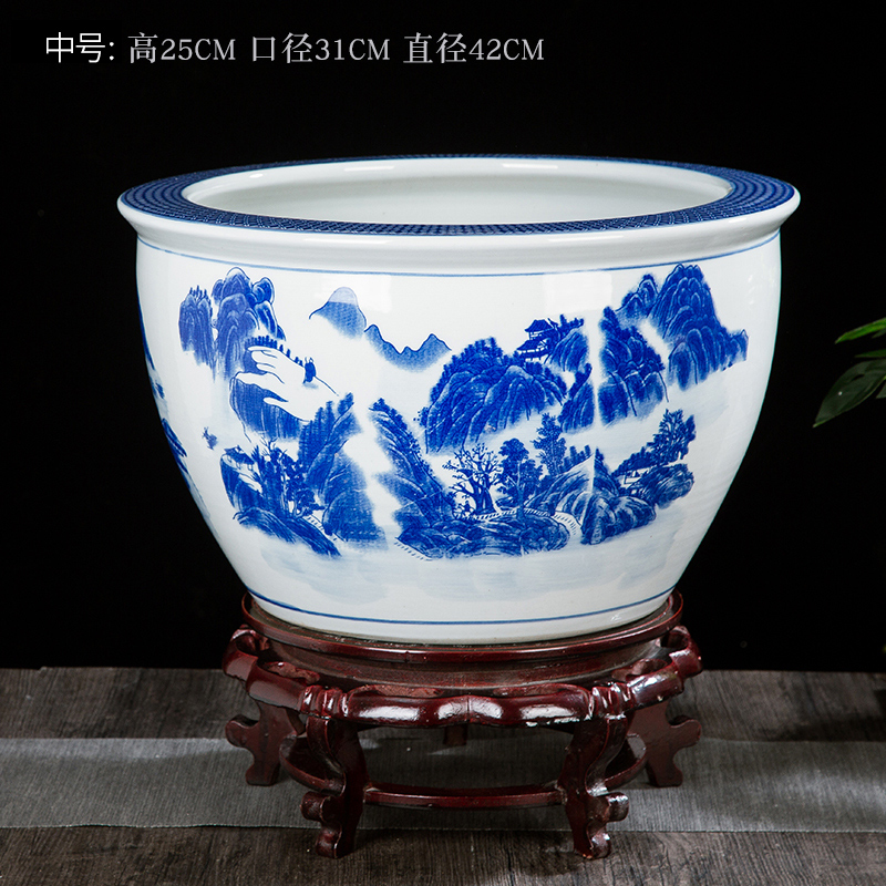 Blue and white porcelain jar of jingdezhen ceramics ceramic aquarium tank big lotus lotus cylinder landing fish tank feng shui furnishing articles