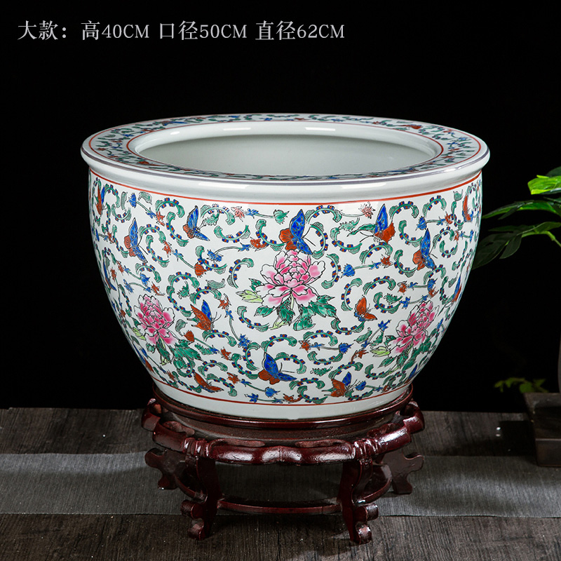 Jingdezhen antique hand - made ceramic powder enamel cylinder tank koi cylinder Chinese style living room a study place feng shui to plant trees