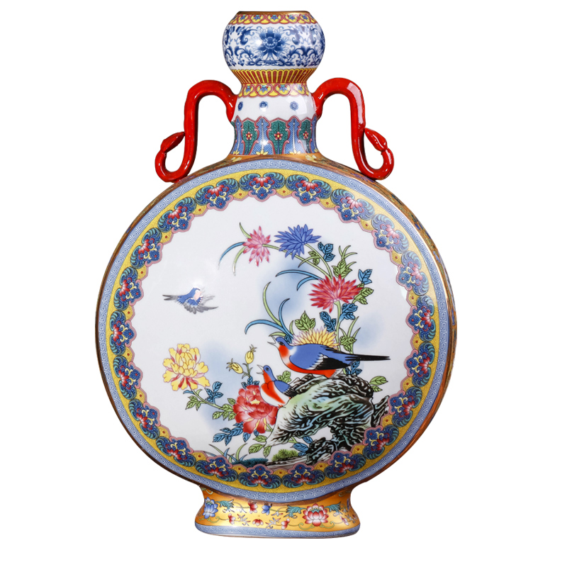 Jingdezhen ceramics vase imitation the qing qianlong ears powder enamel double gut BaoYue bottle imitation antique furnishing articles