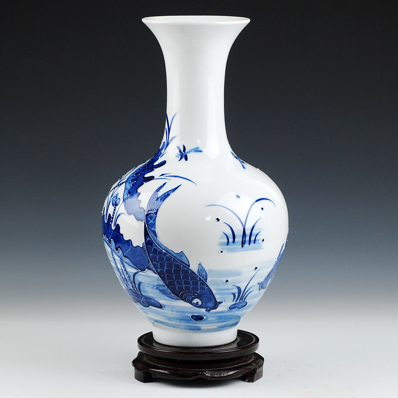 Jingdezhen ceramic embossed lotus of blue and white porcelain vase household adornment handicraft furnishing articles sitting room