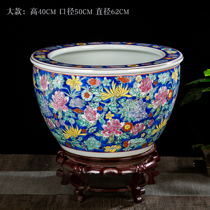 Jingdezhen antique hand - made ceramic powder enamel cylinder tank koi cylinder Chinese style living room a study place feng shui to plant trees