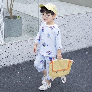 儿童睡衣夏季男童女童棉绸宝宝套装绵绸空调服家居服七分长袖薄款