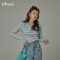 CHUU striped drawstring top female 2021 new spring and autumn design sense slim short high waist bm sweet and spicy style T-shirt