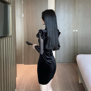 Real shot cheongsam improved slit slim fit mesh velvet dress autumn winter 2020 new long sleeve looks thin