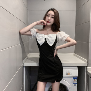 Korean color block off collar short sleeve women’s dress