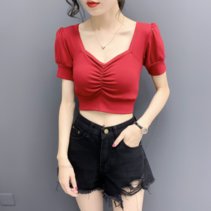 Summer V-neck waist tight foam sleeve knitted short sleeve T-shirt