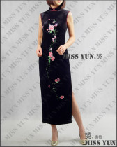 Summer new sleeveless black embroidered two raw floral elastic velvet fashion improved with long sleeves long and open fork qipao