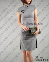 2019 Summer black-and-white small checkered cotton fabric Fashion Improved short sleeves Qipao Skirt Field Little Fresh