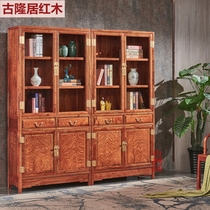 Classical Tenon luxury quality mahogany solid wood hedgehog red sandalwood Chinese style super large storage carved whole glass bookcase