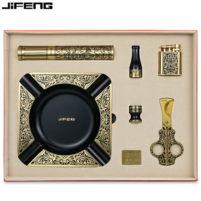 JIFENG Monsoon Cigar Cut Lighter Suit Tobacco Ashtray Windproof Straight Punch Lighter Sharp Knife Delivery Preferred