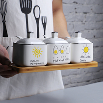 Thai nostalgia ceramic seasoning pot Nordic kitchen bamboo tray combination set household salt and sugar seasoning with lid spoon 648