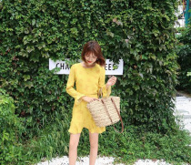 Little pull yellow sun flower dress French vintage pastoral wind ruffle mid-sleeve waist base dress