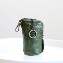 Light Retro Handmade Car Key Bag Pleated Tannic Bull Leather Lock Spoon Bag Multifunction hanging buckle Zip Zero Wallet