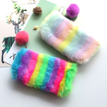 Korean creative colorful dreamy simple girls small fresh rainbow color plush pen bag cute girl heart stationery
