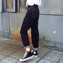 2021 new big code dark blue jeans female autumn fat sister mm high waist display slim Harun pants loose pants