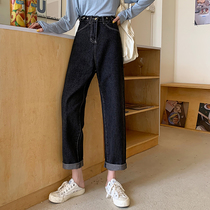 Large size jeans women fat mm autumn loose straight pants Pear-shaped body fat sister high waist wide leg pants pants tide