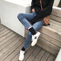 2021 Spring loaded new pear-shaped stature pants child Fat younger sister High waist elastic large size Slim Straight Drum Jeans