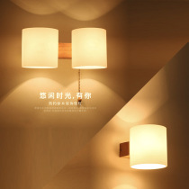 Japanese-style solid wood wall lamp Double-headed aisle bedroom bedside lamp with switch E27 replaceable bulb LED can be 110V