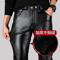 Winter motorcycle mens leather pants mens velvet thick Korean version of slim personality trend handsome youth warm motorcycle