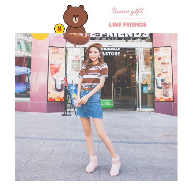 grace gift x line friends-毛呢拼接短筒雪靴 粉_7折现价498元