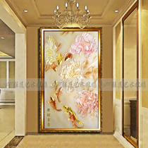 Art glass porch partition screen walkway TV background wall three-dimensional deep carving carving peony fish gathering wealth