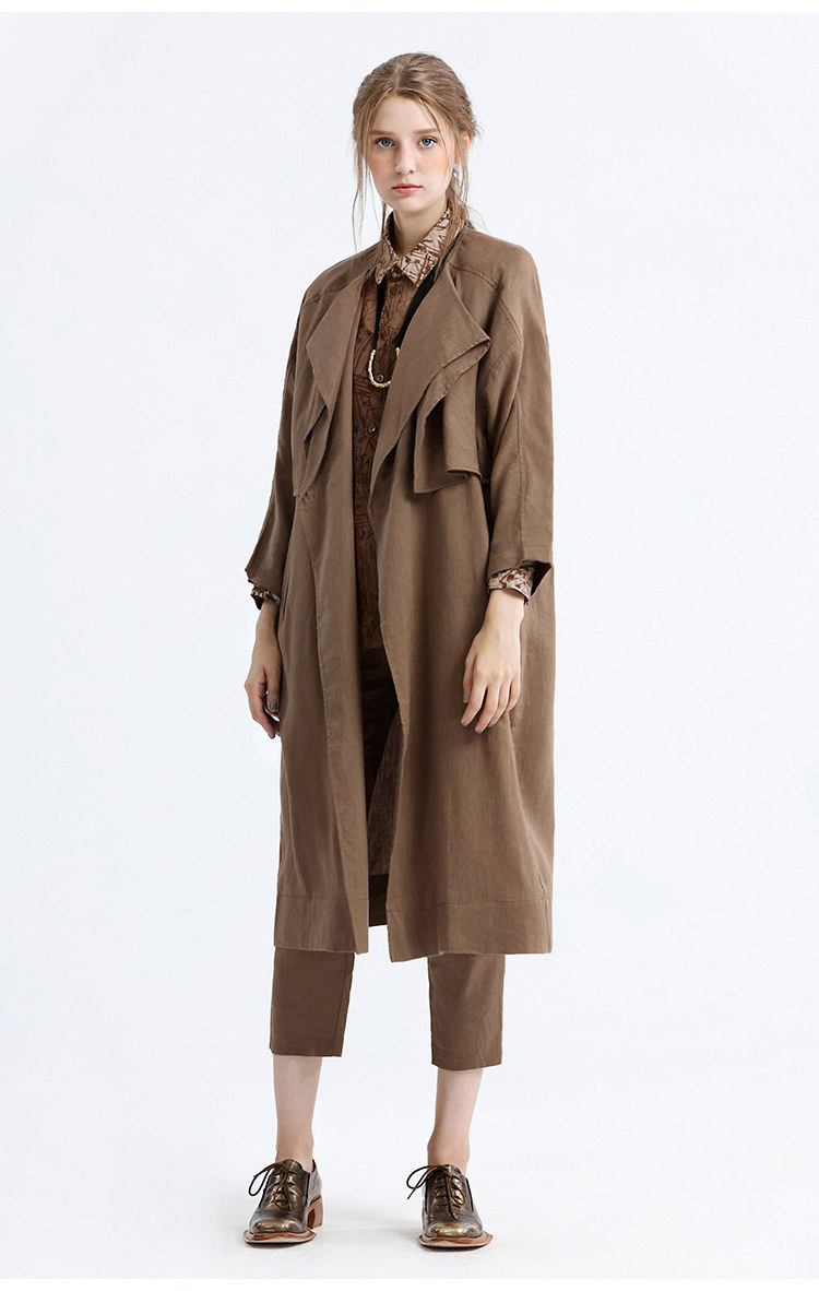 ein/言天丝弹力亚麻风衣女双片领口复古长外套2018秋季女外套_有50元