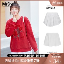 MsShe large size womens 2021 new autumn overlays elastic waist accessories fake two-piece buckle shirt hem