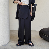 Xiaonian custom design feel acetic acid fake 2 pieces of suit pants women autumn loose high waist drape mop floor wide leg pants thin