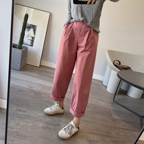 Japanese washed cotton high-waisted casual wide-leg pants womens autumn silhouette tooling straight-leg pants loose nine-point grandma pants