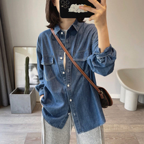 Retro folded blue topline denim shirt womens autumn new loose lazy and thin single-breasted shirt coat