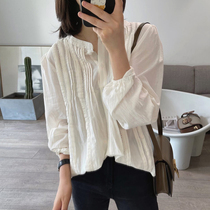 Gentle temperament organ pleated lace stitching round neck loose long-sleeved shirt womens autumn Korean style age-reducing shirt