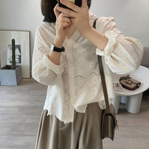 French sweet embroidered cotton shirt womens hollow v-neck chic retro lace single-breasted long-sleeved temperament small shirt