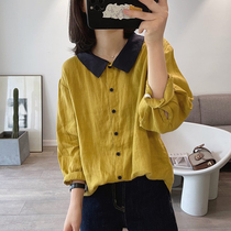 Contrast color lapel nine-point sleeve linen shirt womens 2022 autumn retro single-breasted polo collar doll shirt shirt