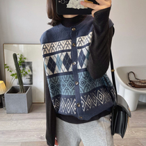 Retro diamond jacquard knitted vest womens autumn vest 2021 new loose Korean version vest top