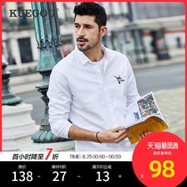  Kuegou mens embroidered long-sleeved shirt Mens Korean casual white cotton shirt autumn top 6315