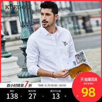 Kuegou mens embroidered long-sleeved shirt Mens Korean casual white cotton shirt autumn top 6315