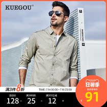 Kuegou mens long-sleeved shirt mens spring new simple solid color casual tooling shirt mens top 6178