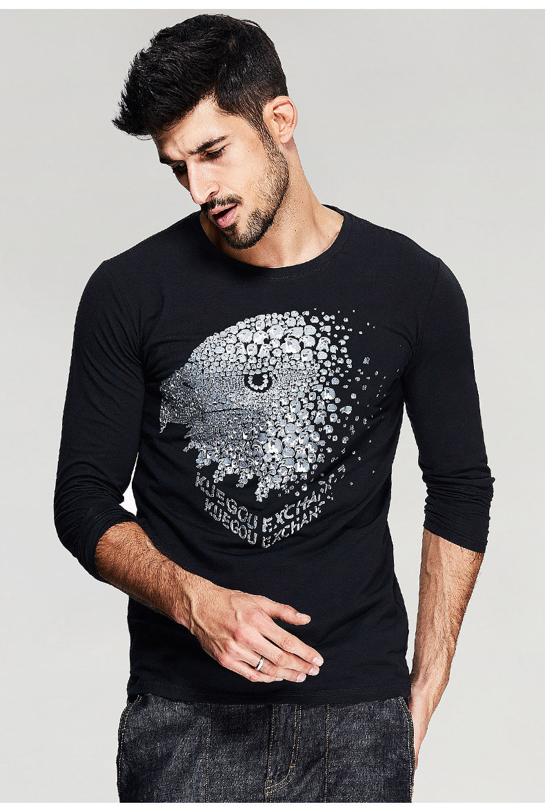 [清仓特价]kuegou 秋装欧美长袖t恤 男鹰头印花体恤衫 修身款7158